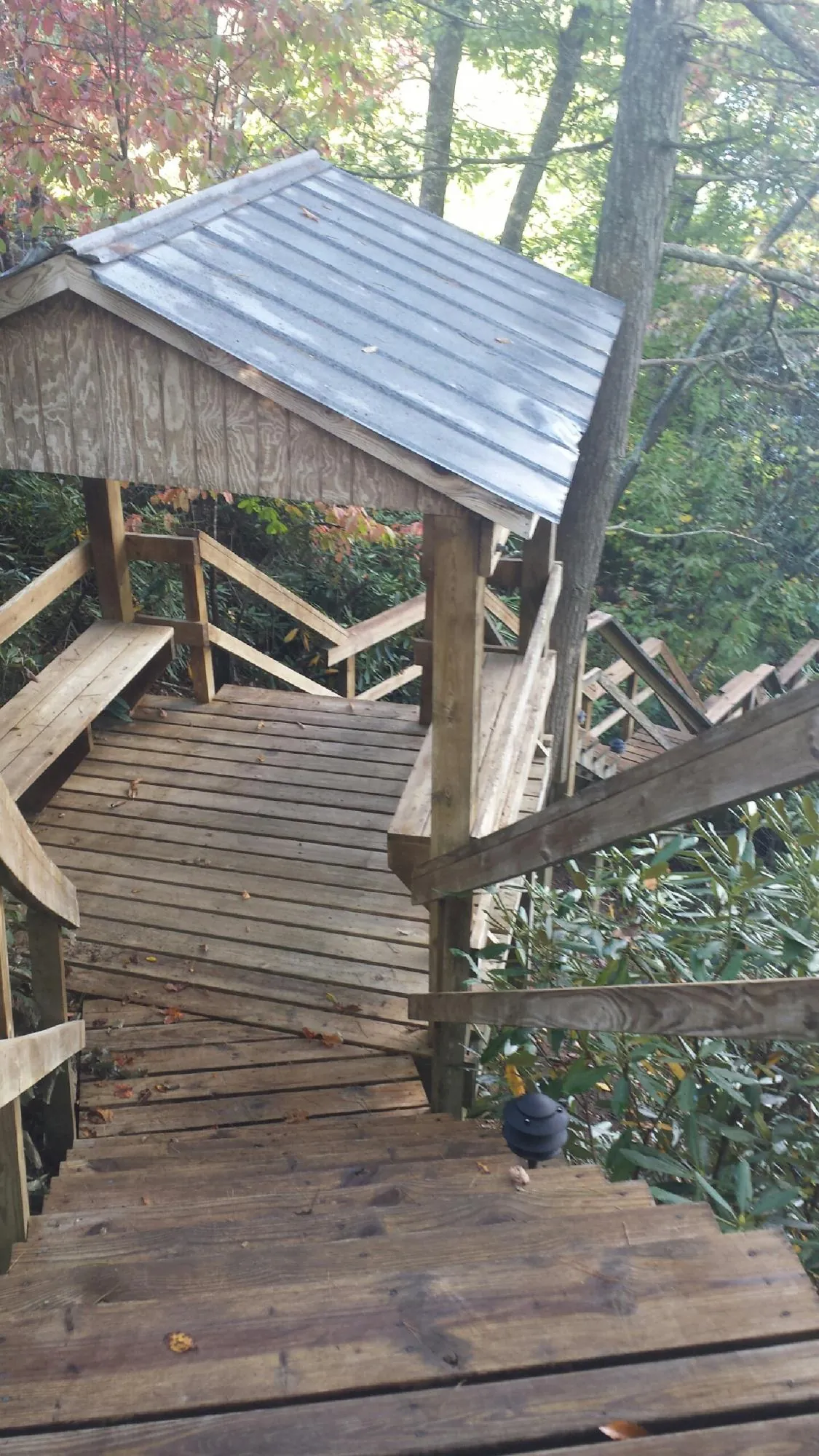 Metal roofed shelter over wooden steps on a wooded walkway — Skylight Repair & Installation work by our crew in Walbridge